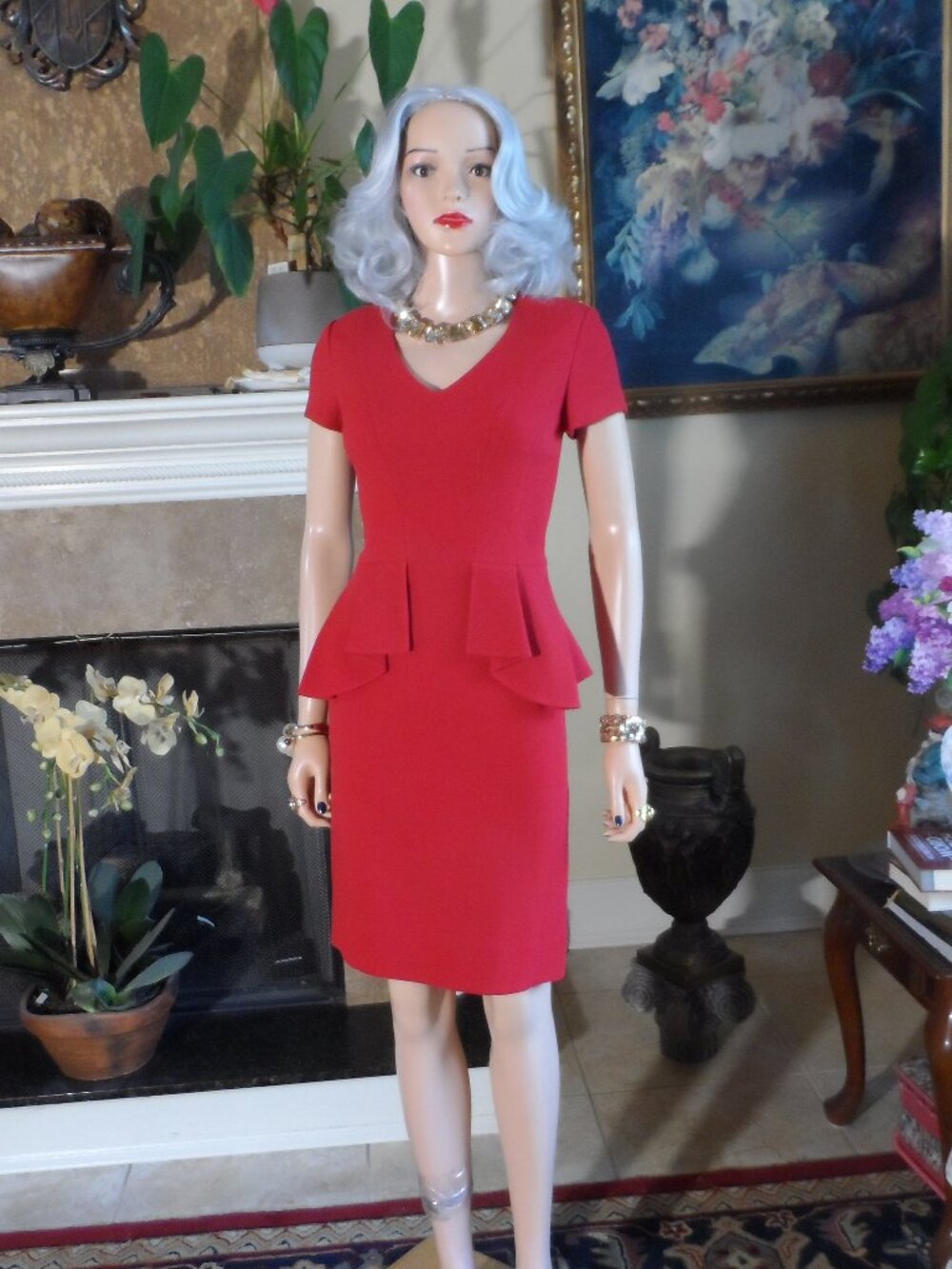 Carolina Herrera Red Peplum Sheath Dress Size 6